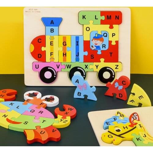 Childrens Wooden Animal 3D Jigsaw Puzzle Letters Matching Building Block Busy Board Preschool Montessori Educational Kids Toy