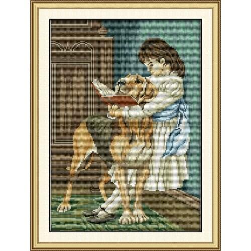 The girl and her dog reading a book cross stitch kit 14ct 11ct count print canvas stitches embroidery DIY handmade needlework