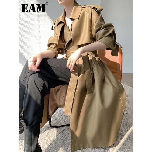 [EAM] Women Oversized Khaki Long Belted Trench New Lapel Long Sleeve Loose Fit Windbreaker Fashion Spring Autumn 2021 1DE2690