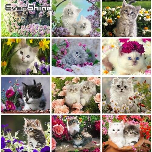 Evershine Diamond Embroidery Animal Cat Diamond Painting Full Square Drill Embroidery Cross Stitch Flowers Rhinestone Pictures