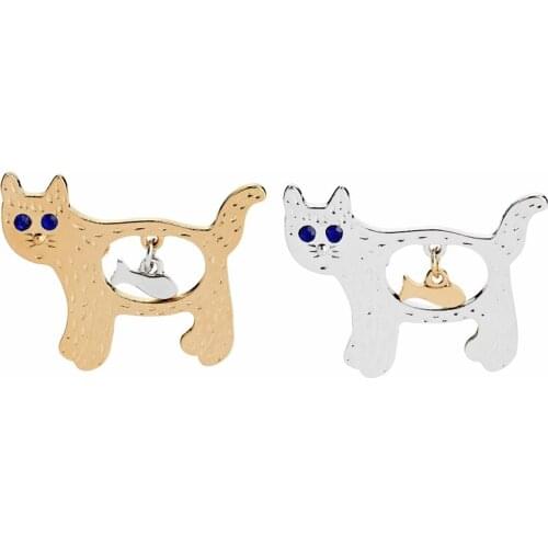 Holllow cat pins cat fish brooches Rocking fish cat badge Button gold silver color blue eyes brooch Jacket pin gift for daughter