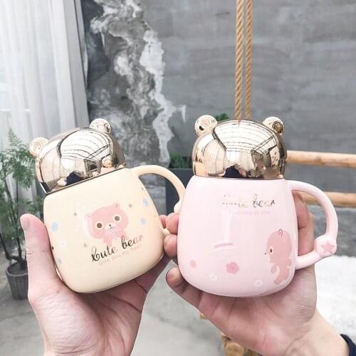 Popular Korean-Style Bear Twist Cover Ceramic Cup Big Belly Gold Foil Mirror Cover Creative Mug Student Creative Cup Coffee