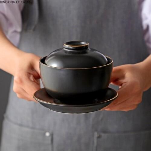Japanese-style Ceramic Small Soup Cup with Lid Household Dessert Bowl Gold Trim Frosted Kitchen Supplies Household Tableware