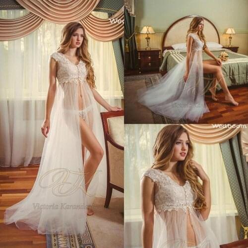 Lace Bridal Nightgown Night Dress Illusion Cap Sleeves Nightgown Nightdress Women Sleepwear Nightwear For Bridal Boudoir Dress