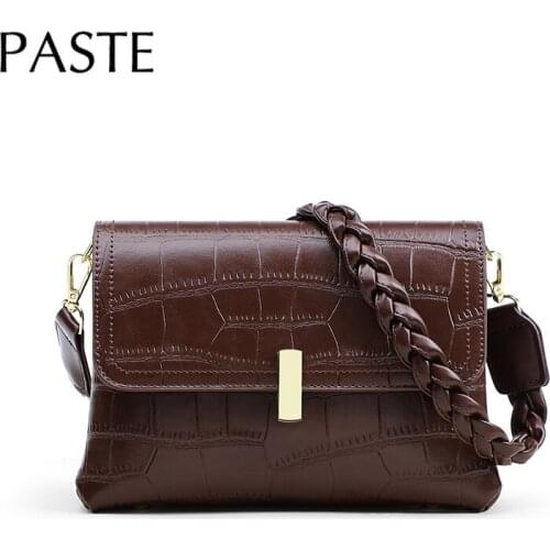 Fashion Ins Stone Pattern Women Shoulder Bag Split Leather Twist Knitting Traps Female Crossbody Bag Everday Use Purse