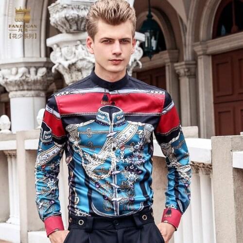 Fanzhuan Free Shipping autumn mens male 2017 fashion casual long sleeved NEW printed personality slim stand collar shirt 713148