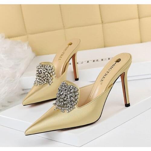 BIGTREE Luxury Sexy Glitter Point Toe High Heel Mules Slippers Crystal Slide Shoes Women Bling Wedding Party Summer Sandals