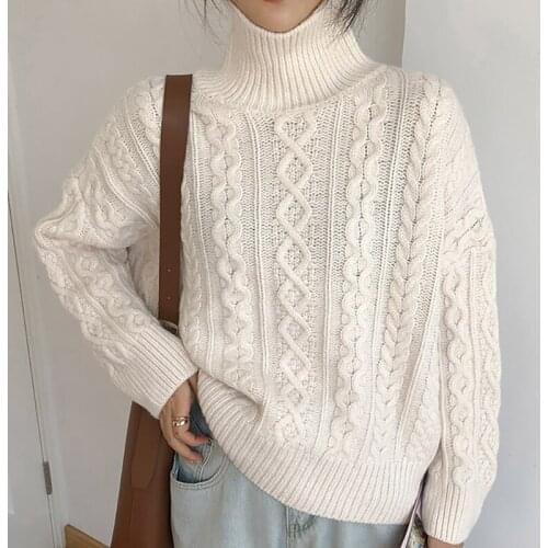 Retro Loose Soft Basic Pullover Turtleneck Design Outwear Sweater Women 2021 New Korean Style Autumn Winter Fashion Knitted Top