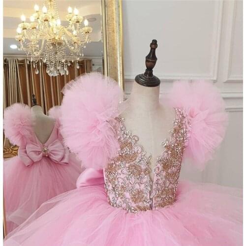 Pink Beaded Lace Puffy Tulle Flower Girl Dresses Ball Gown Little Communion Pageant Dresses Little Girls Birthday Gowns Custom