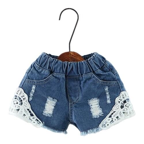 Girl Shorts 2021 Summer Baby Jeans Children Fashion Casual Lace Trim Ripped Denim Shorts Kids All-Match Pants Girls Clothing