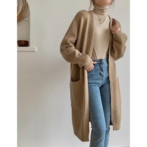 Zoki Loose Women Long Cardigans Fall Casual Pocket Knitted Sweater Winter New 2021 Oversize Korean Fashion Solid Female Coats