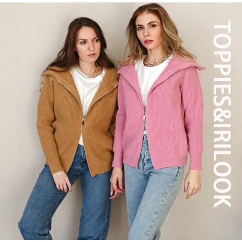 Toppies 2021 Spring Women Knitted Zipper Jacket Coat Cardigans Sweaters Female Pink Tops Turn Down Collar