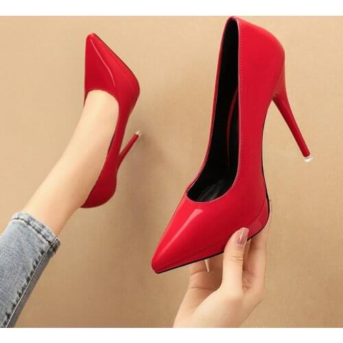 Women pumps PU Slip On 12CM Thin Heels High heels Pointed Toe Shallow shoes for women women shoes 2020 size 35-42 black