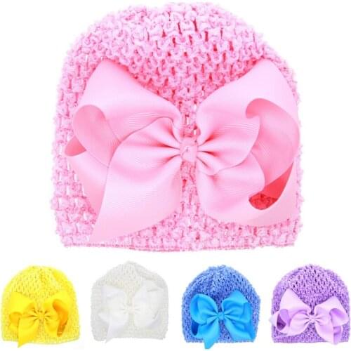 Solid Color Handmade Grosgrain Ribbon Bowknot Infant Hats Baby Girls Crochet Elastic Caps Cute Bows Headwear Birthday Gifts