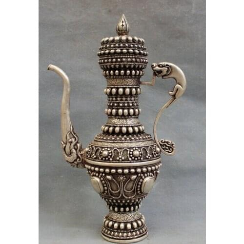 USPS to USA S1474 14" Chinese Silver Auspicious Dragon Head Statue Buddhism Style Wine Pot Teapot