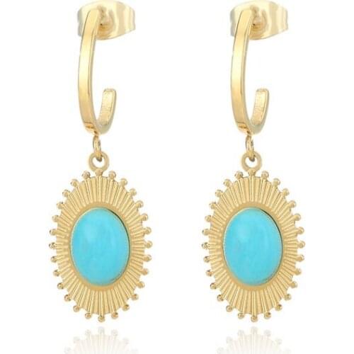 Bohemian Blue Natural Stone Dangle Earrings For Women Vintage Gold Plated Stainless Steel Geometric Drop Earrings 2021 Trend