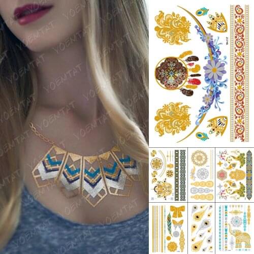 Waterproof Temporary Tattoo Sticker Dream Catcher Necklace Gold Metallic Flash Tatoo Boho Flower Henna Jewelry Glitter Body Art