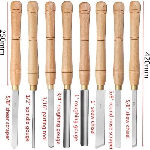 High Speed Steel Lathe Chisel Wood Turning Tool with Wood Handle Woodworking Tool Total Length 405mm 8 Types