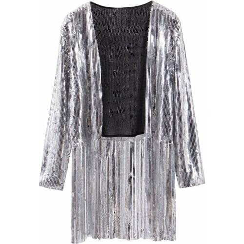 Womens sequin jacket spring new style fashion solid color sequins embroidery hem tassel cardigan kimono casual jacket women