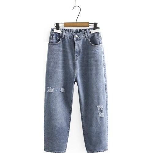 Plus Size 2XL-5XL Women Long Jeans with Holes Elastic Waist Casual Straight Denim Pants