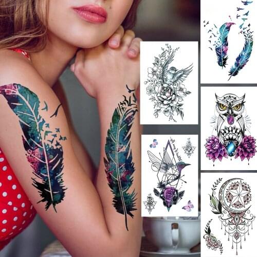 Watercolour Feather Temporary Tattoos For Women Men Adults Flower Hummingbirds Tattoo Sticker Fake Owl Bird Tatoos Dreamcatcher