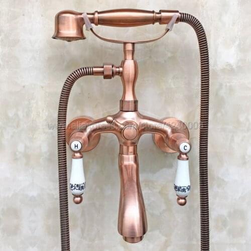 Antique Red Copper Bathroom Faucet Bath Faucet Mixer Tap Wall Mounted Hand Held Shower Head Kit Shower Faucet Sets Ktf802