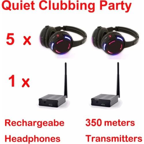 Silent Disco system black led wireless headphones - Quiet Clubbing Party Bundle (5 Headphones + 1 Transmitter)