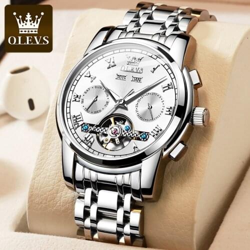 OLEVS Luxury Brand Mens Watch Automatic Mechanical Waterproof Stainless Steel Hollow Tourbillon Mens Watch Relogio Masculino