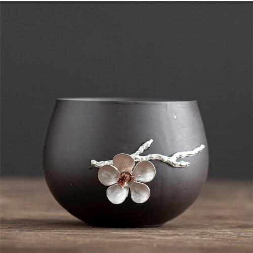 Japanese Style Purple Clay Silver Plum Flower Master Tea Cup Ceramic Household Kung Fu Drinkware Creative Retro Office Teacup