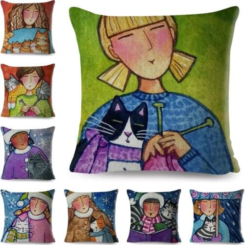 Cute Cat and Lady Cushion Cover Decor Lovely Cartoon Pet Animal Pillowcase for Sofa Home Car Polyester Pillow Case 45x45cm