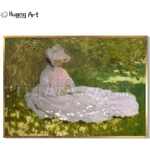 Pure Hand-Painted The beautiful Girl Sat on the Grass Landscape Figure Imitation Painting Claude Monet Oil Painting on Canvas