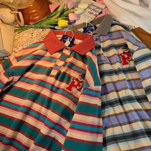 Striped Polo Collar Cotton Pullovers Thin Oversized Sweatshirt Women New Long Sleeve Casual Streetwear Student Teens Spring 2021