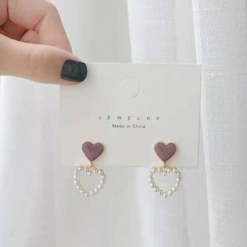 Korean Fashion Earrings 2021 New Girl Earrings Hollow Love Pearl Sweet Personality Temperament Nectarine Heart Earrings Sale