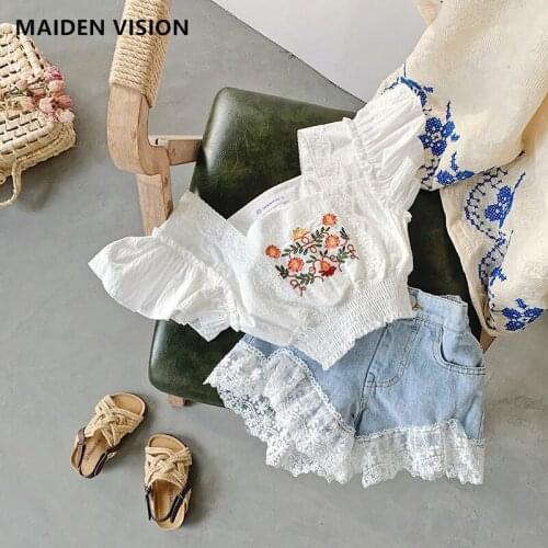 Fashion Girls Clothes Sets Summer Lace embroidery short sleeve Short top+Denim shorts Casual kids Childrens Clothing Suit