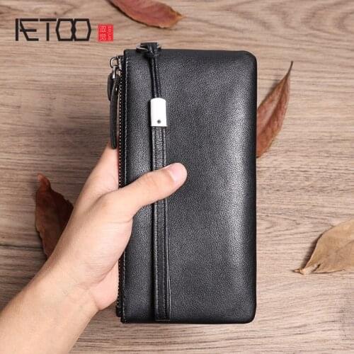 AETOO Mens leather clutch, cowhide long zipper wallet, simple ultra-thin clutch