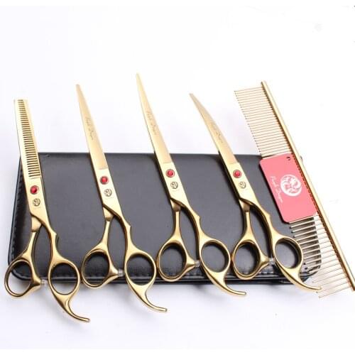 5Pcs Set 7 inch 19.5cm Gold Professional Pets Hair Steel Comb + Cutting Shears + Thinning Scissors + Dogs Cats Curved Scissors