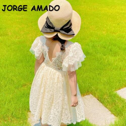 2021 Summer New Princess Dress Girl Flare Sleeve Lace Knee Length Birthday Dress for Party Weddings Baby Clothes E13734