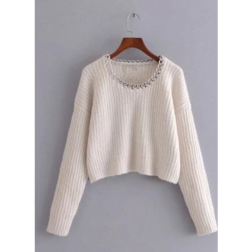 ZA New Autumn Winter Women O Neck Sweaters Pullovers Minimalist Solid Color Chain Decoration Knit Shirt Lady Chic Tops XITIMEAO