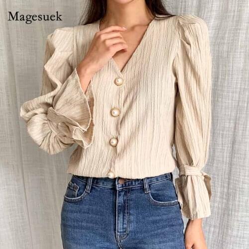 2020 Autumn Loose Puff Long Sleeve Cotton Women Shirts Slim White Blouse V-neck Women Solid Casual Womens Tops Blusas 11015