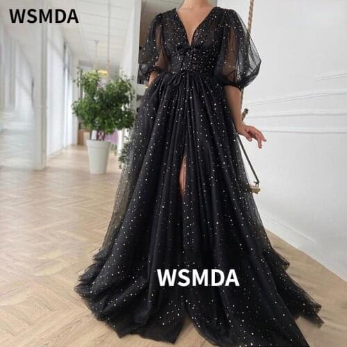 Black Starry Tulle Prom Dresses Half Puff Sleeves Wedding Party Dresses Pleats Split Sweep Train Long Prom Gowns Belt