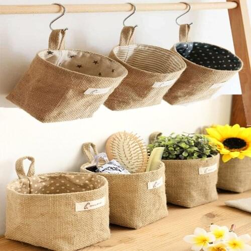 Linen Hanging Storage Bag Fabric Jute Desktop Storage Bucket Home Office Organizer Flower Pot Small Sack Bathroom Kitchen Basket