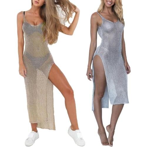 Sexy Women Solid Color See Through Sleeveless Side Split Bodycon Long Dress See Through Design Solid Color