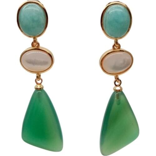 YYGEM geometric Natural Green Agate oval Green Peruvian Amazonite White Shell gold filled Stud Earrings vintage style for women