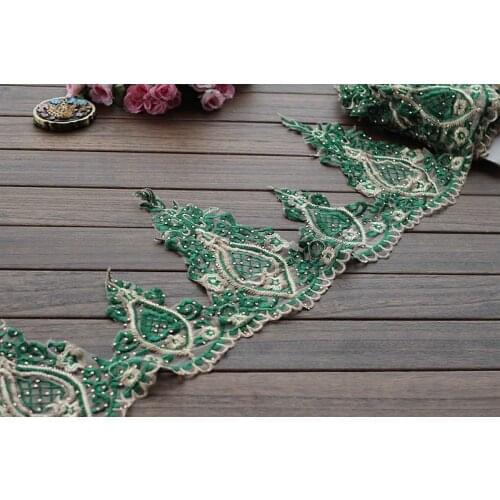 Green+ gold hot drilling Lace Trim High Quality Wedding Lace Trim Embroidered Retro Lace Bridal 11.03'' Wide 4 yard