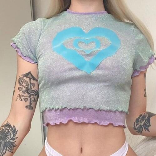 Womens Casual Fake-two Short T-shirt Fashion Heart Contract Color Exposed Navel Short Sleeve Tops