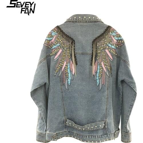 Rivet Punk Denim Jackets Women Long Tassel Wings Embroidery Vintage Blue Jeans Jacket Streetwear Oversized Harajuku Outwear Coat