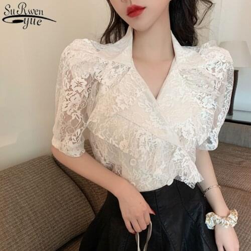 Ruffled V-neck Short Sleeve Womens Shirt Vintage Lace Shirt French Style Puff Sleeve Chiffon Blouse Women Summer New 13917