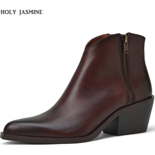 Cow Leather Women Ankle Boots Pointed Toe Footwear Cuban 5.5cm High Heels Female Western Boot Fashion 2020 Winter Shoes Woman