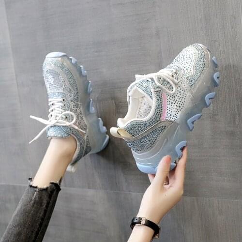 Women Vulcanized Jawakye Platform Jelly Shoes 2021 New Women Sneakers Fashion Lace Up Mesh Breathable Flats Bling Crystal Shoes
