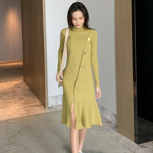 Women Knit Dress Set 2019 Autumn Winter Solid Full Turtleneck Sweater + Split Buttons Midi Tank Dress Set Two-piece Suit P-296